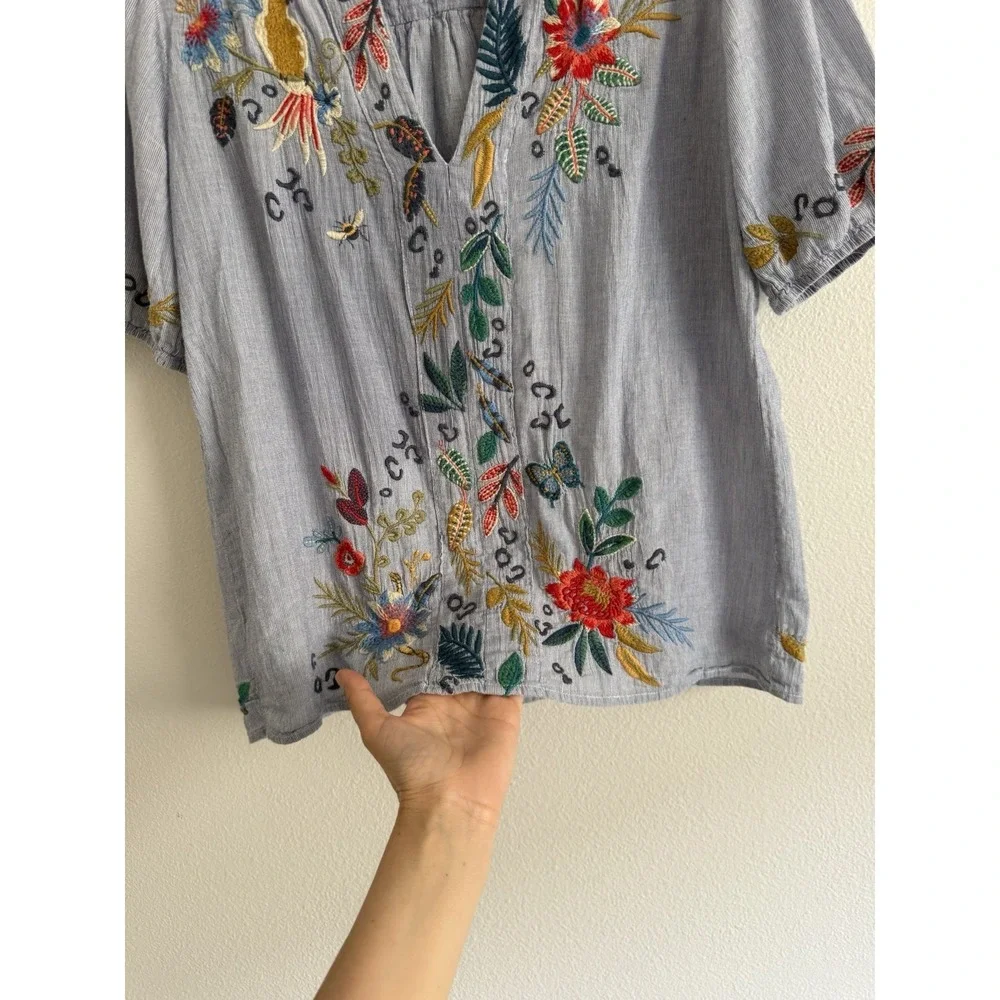 Johnny Was Indraa Puff Sleeve Popover Blouse Sz XS/S‎ Floral Tiger Embroidered